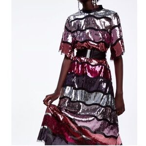 Zara Limited Edition Sequin Wave Midi Dress - Red, Pink